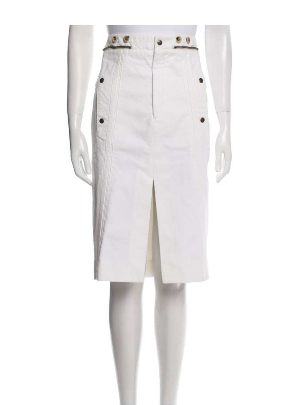 Chloé White Denim Midi Pencil Skirt with Front Vent and Button Accents
